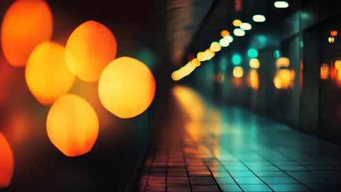 Urban tunnel corridor with cinematic bokeh light orbs.