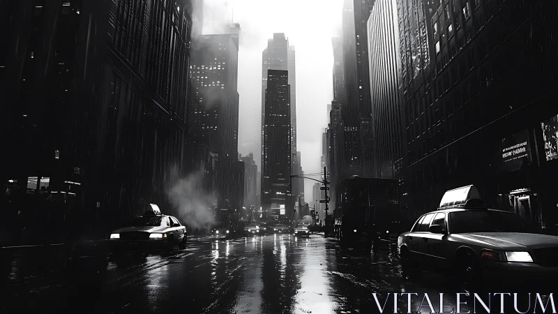 Rainy city street with taxis and tall downtown towers.