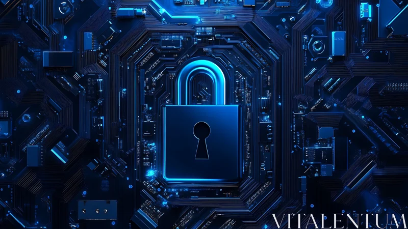 Glowing cyber lock guarding a maze of midnight circuits.