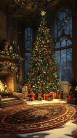 Glowing manor Christmas tree keeps winter midnight at bay