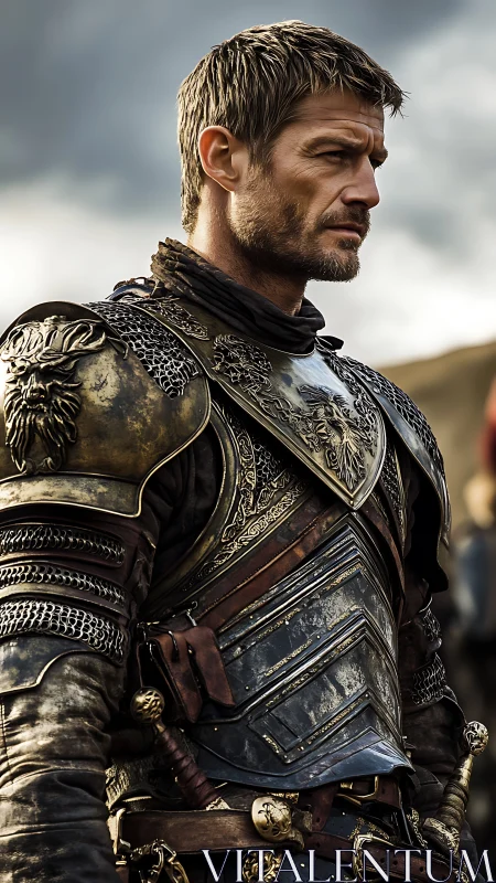 Weathered medieval knight in ornate plate armor under overcast sky