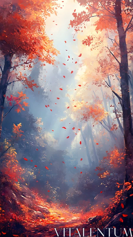 Autumn Forest Path with Falling Leaves