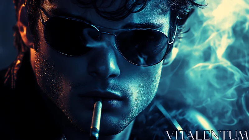 Smoldering portrait under teal neon rim light, smoke swirls.