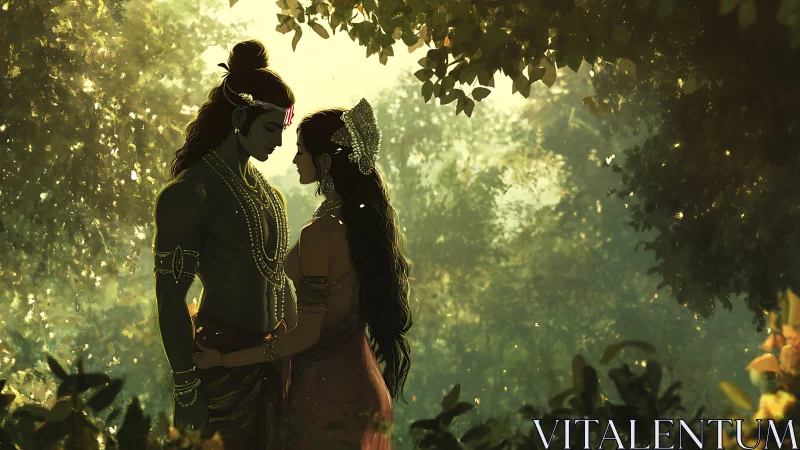 Divine Romance: Sacred Figures in Golden Forest.