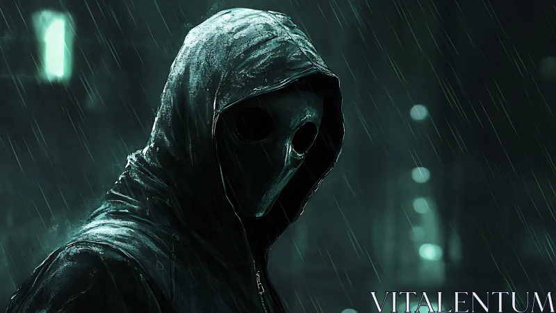 Hooded plague mask figure in cyan rain-soaked neon alley.