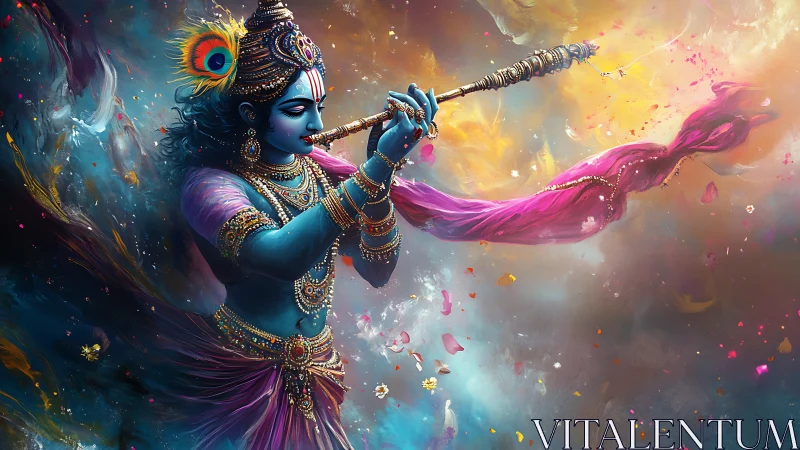 Celestial flute bearer swirling cosmos in jeweled colors.