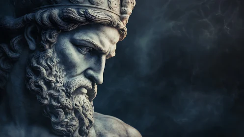 Storm-browed marble god brooding over swirling silence.