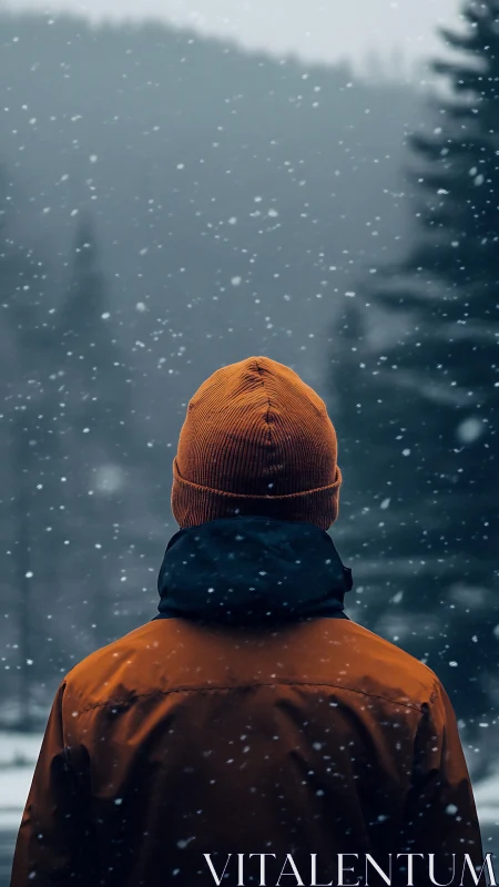 Person in orange jacket standing in falling winter snow.