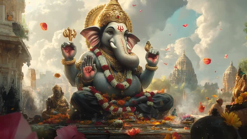Majestic Ganesha statue amid temple landscape and flowers.
