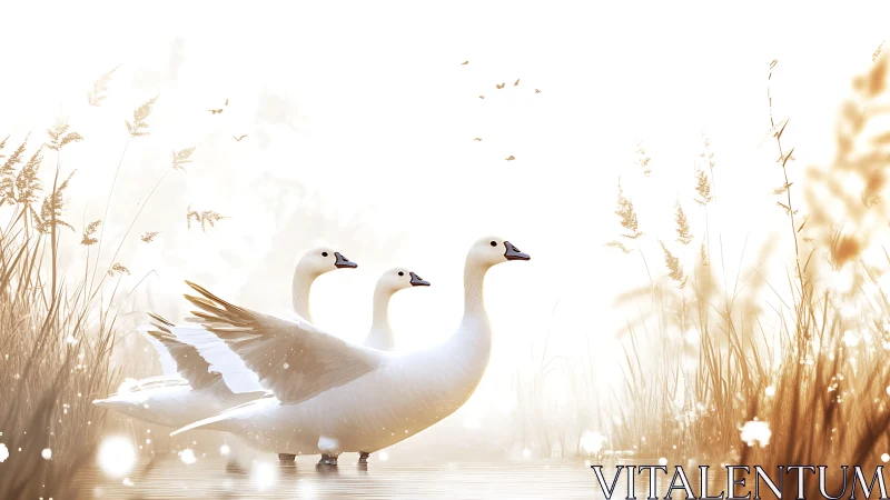 Three white ducks in soft golden wetland light at dawn