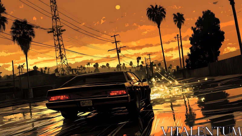 Sunset muscle car drifting through neon-lit wet streets.