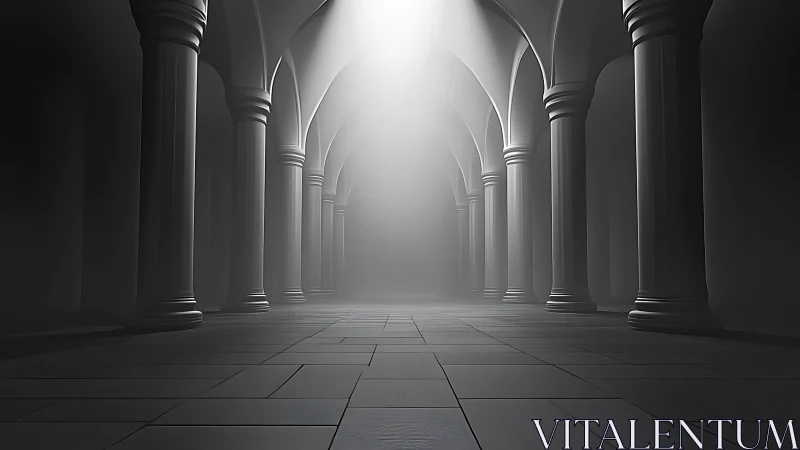 Monochrome vaulted colonnade dramatized by axial volumetric light