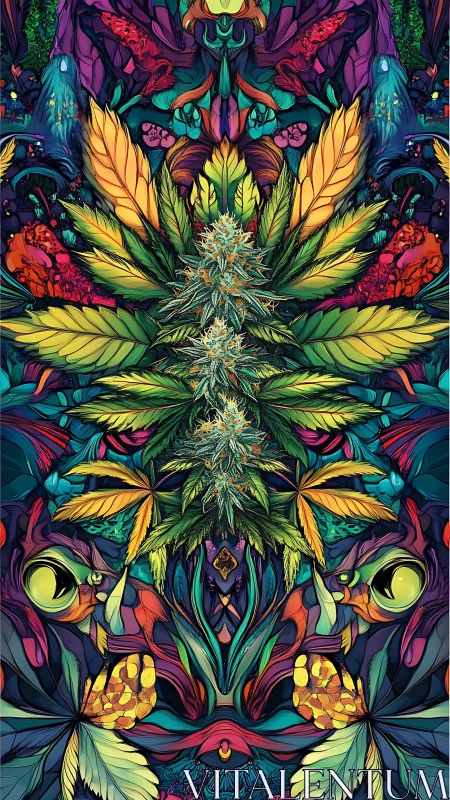 Psychedelic cannabis mandala with mirrored botanical symmetry