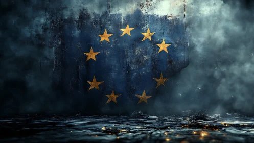 Distressed EU emblem on corroded wall in cinematic atmospheric fog.