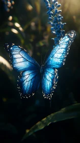 Luminous blue butterfly hovers in sunlit, dreamy forest glow
