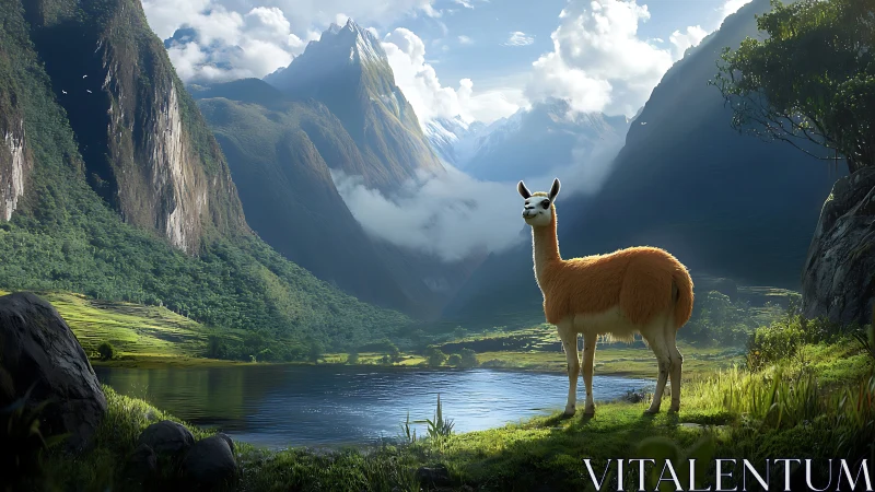 Lone llama quietly crowns a sunlit Andean valley lake
