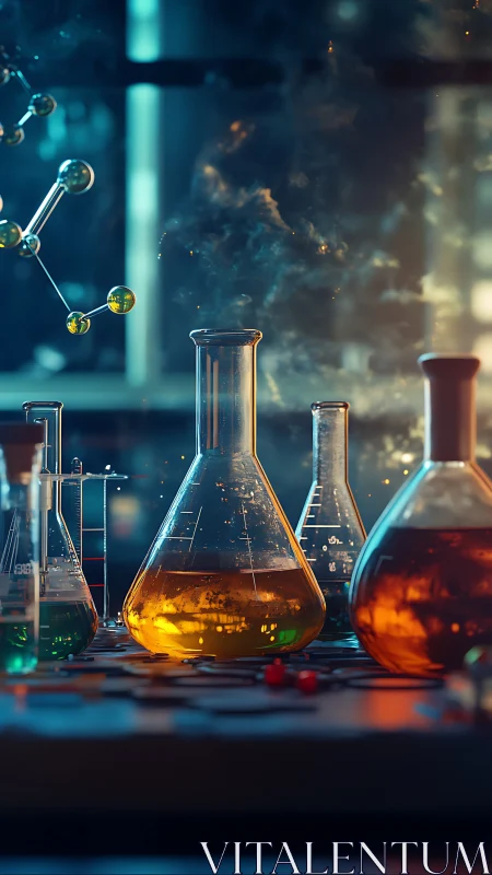 Photorealistic laboratory glassware with luminous reagents composition.