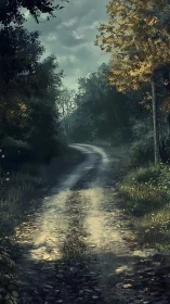 Forested pathway with overhanging tree canopy