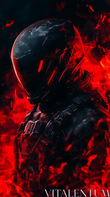 Armored sci fi soldier stands in blazing red inferno haze