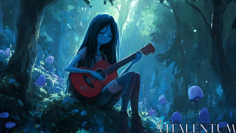 Blue-skinned girl plays red guitar in volumetric lit forest clearing