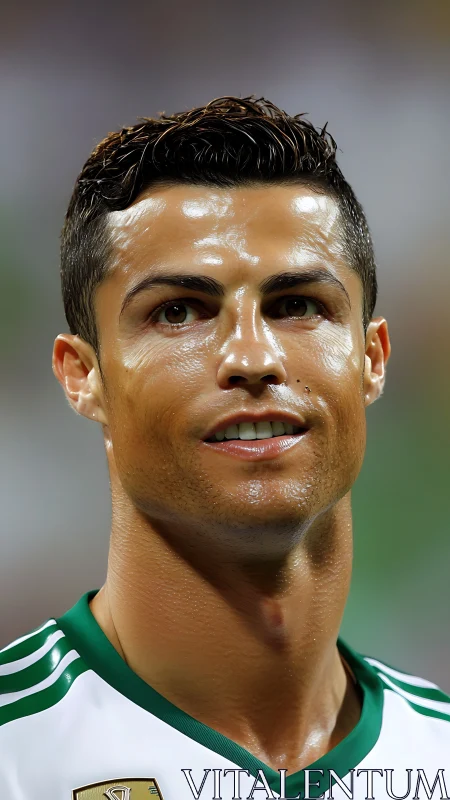 Photorealistic close-up portrait of soccer player on field.