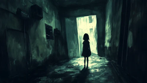 Girl silhouetted in dark hallway facing harsh doorway light.
