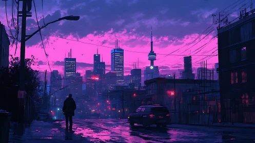 Silhouette walks toward neon city skyline at saturated dusk