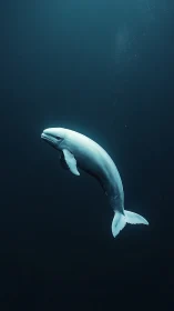 Beluga whale suspended in dark open water column.