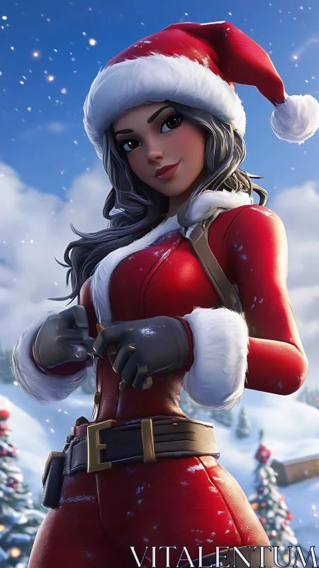 Female festive character in red Santa outfit outdoors.