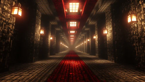 Voxel corridor glows with molten red path and lantern light.