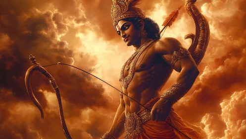 Heroic archer deity stands poised against burning sky.