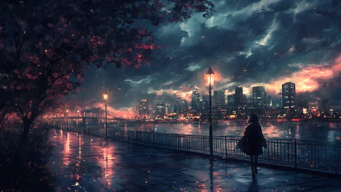Solitary figure observes illuminated city skyline in rain