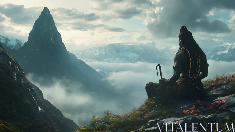 Mountain sage in meditative solitude above misty valley.