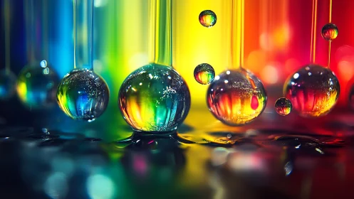 Photorealistic macro of suspended iridescent liquid orbs.