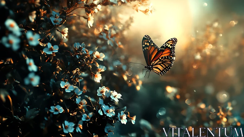 Monarch butterfly drifts through glowing dusk wildflowers