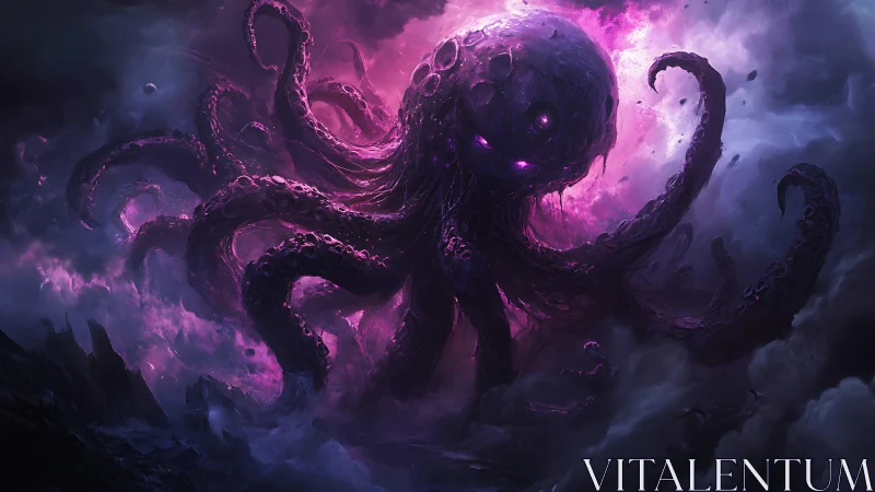 Cosmic purple leviathan rises in swirling stormy nebula sky