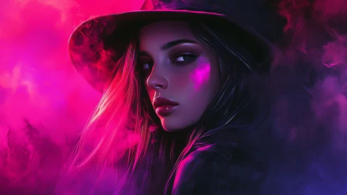 Neon witch in magenta haze watching the midnight city.