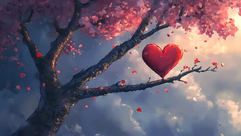 Luminous Heart Suspended in Crimson Blossom Tree. Digital Fantasy.