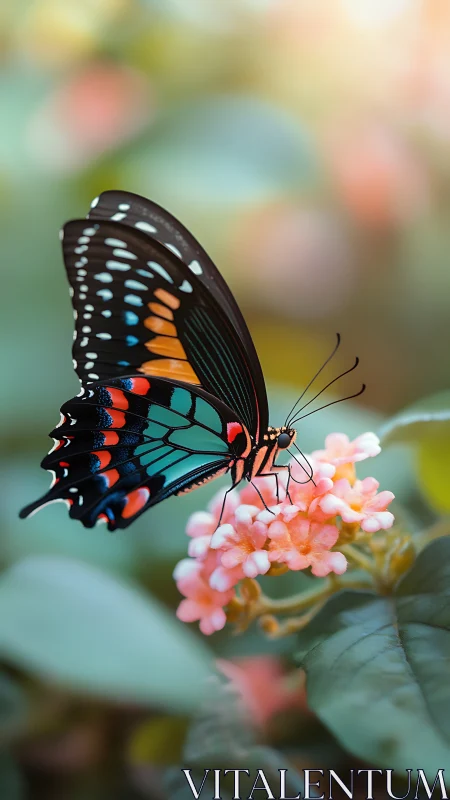 Black swallowtail butterfly rests on soft coral blooms.