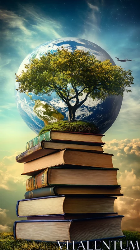Stack of books holding Earth with tree against sky backdrop.