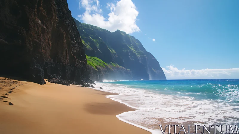 Vertical sea cliff meets sandy beach with turquoise waves.