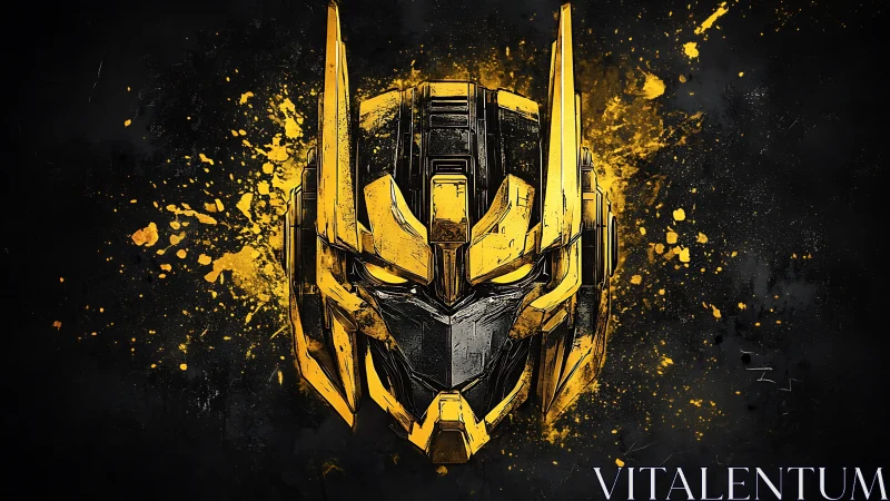 Golden mech helm portrait with splatter abstraction on black.