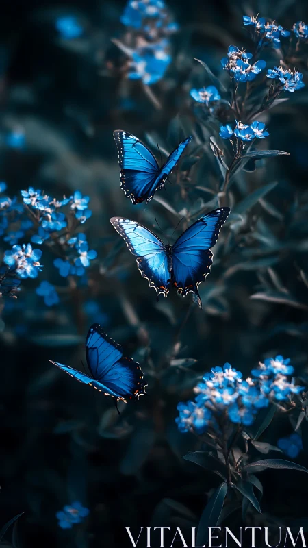 Digital painting of blue butterflies in nocturnal floralscape.