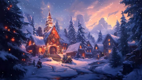 Snowy alpine village illuminated by festive winter lighting