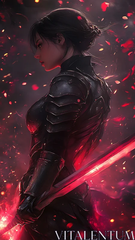 Armored female warrior holds glowing red sword in profile