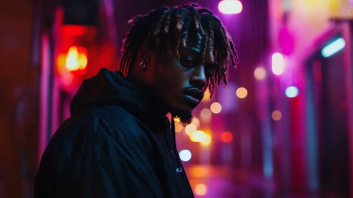 Moody night portrait glowing with neon city color and rain.