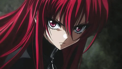 Anime close-up portrait with dynamic red hair rendering.