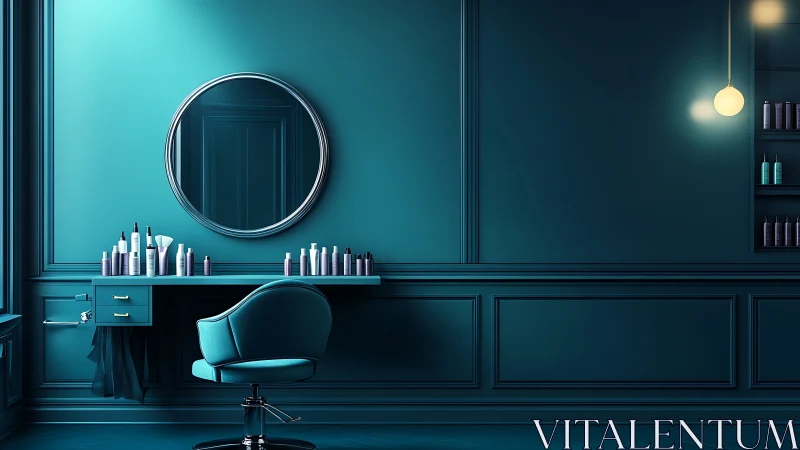 Teal salon sanctuary glows with sleek mirrors and quiet style.