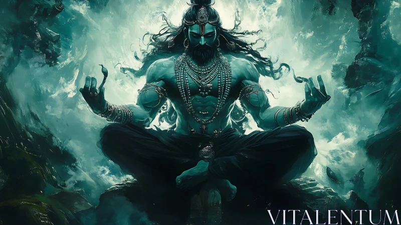 Storm-forged ascetic god meditates in swirling aquamarine fury.