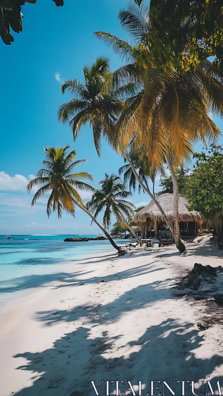 Tropical Beach with Palm Trees and Thatched Structures.